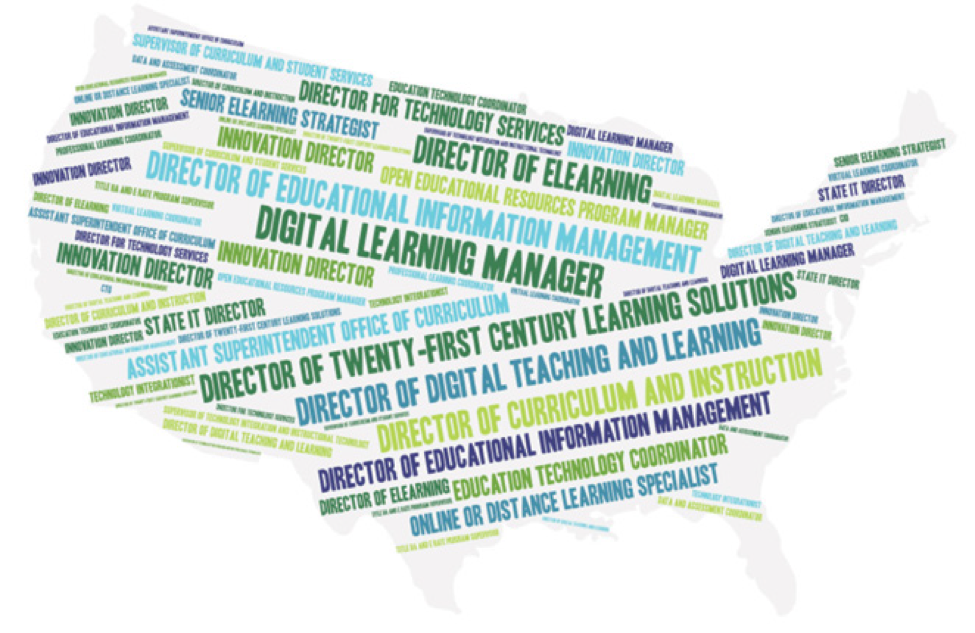 Map of the United States with the names of digital learning leadership roles listed