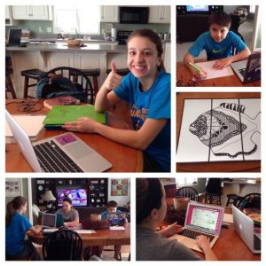 Collage of pictures showing students working on laptops in home environment