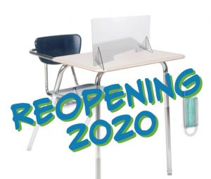 Reopening 2020 logo with empty school desk